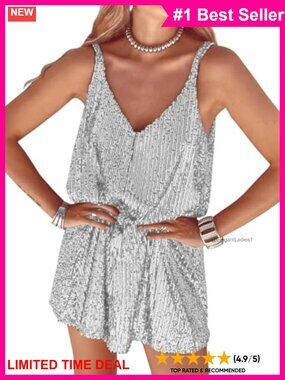 Womens Sequin Mini Dress V-Neck Sleeveless Sparkly Party Shift Dress